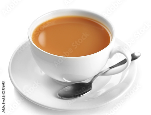 Porcelain cup of tea with milk isolated on white background