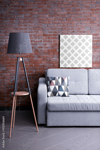 Grey sofa and floor lamp ag...