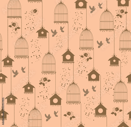 vector vintage seamless background with cages and birds