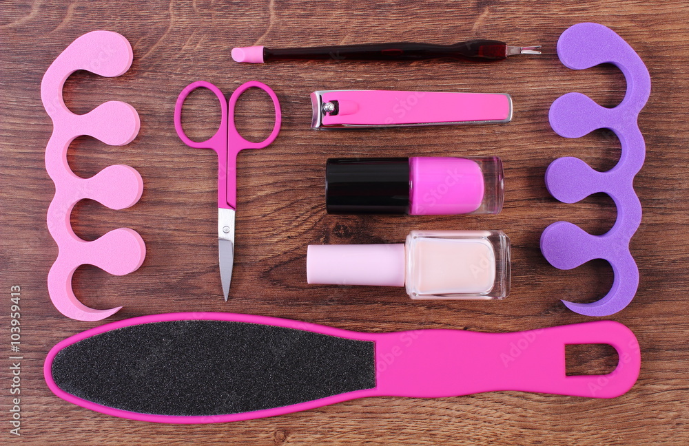 Naklejka premium Cosmetics and accessories for manicure or pedicure, concept of foot, hand and nail care