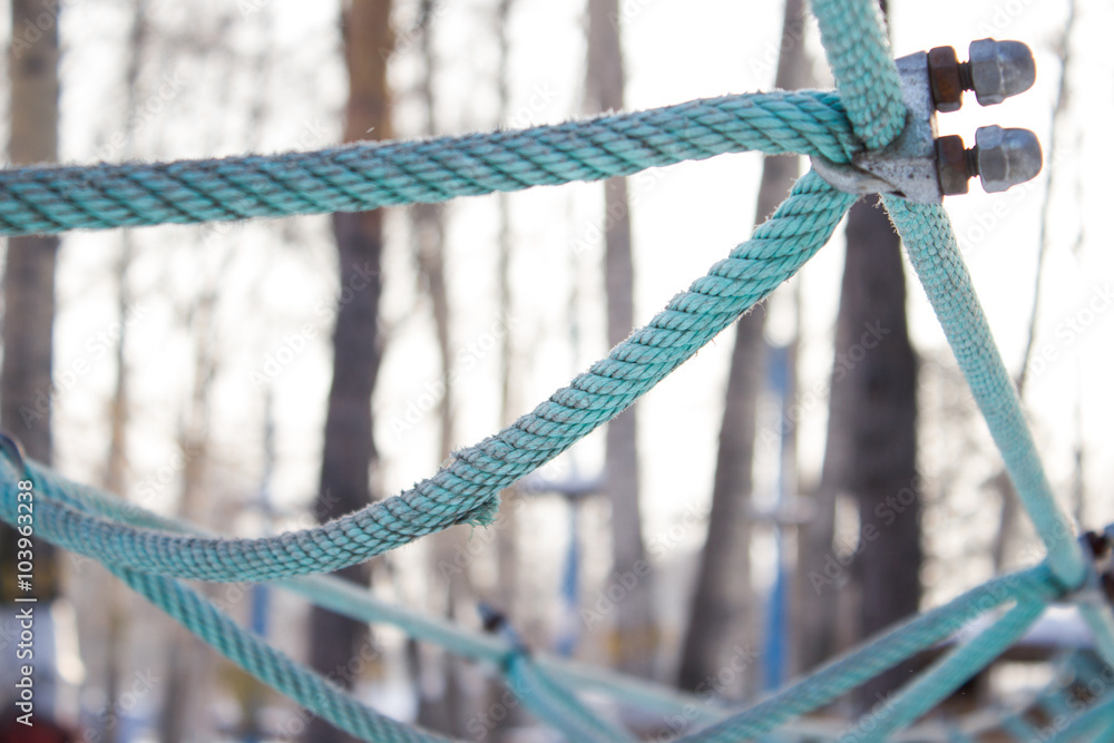 Ropes, rope knots on the background of trees Ropes, rope knots on the background of trees