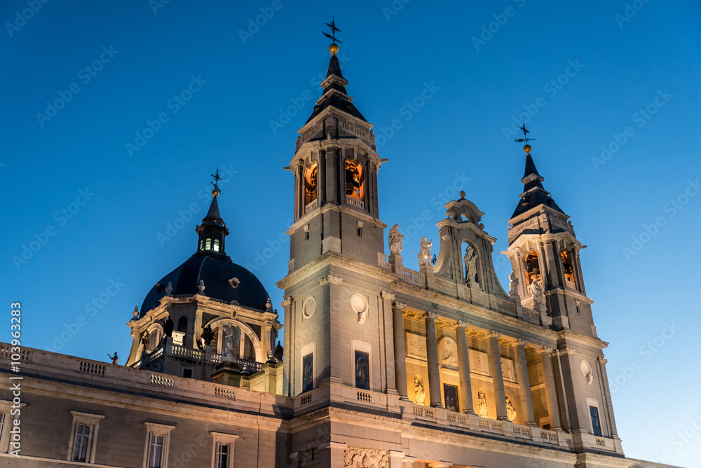 Twilight skyline of Santa Maria la Real de La Almudena Cathedral, seat of the Roman Catholic Archdiocese of Madrid