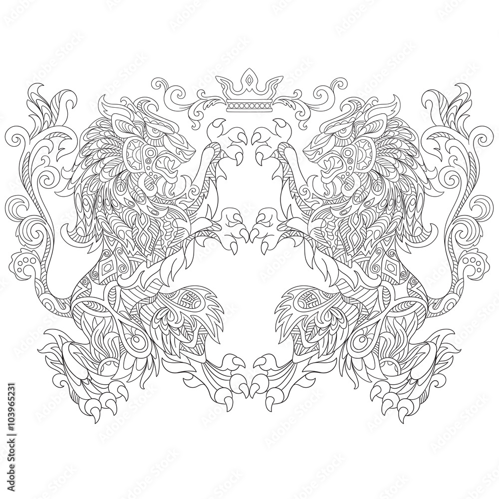 Fototapeta premium Zentangle stylized two cartoon lions with a crown (corona). Sketch for adult antistress coloring page. Hand drawn doodle, zentangle, floral design elements for coloring book.