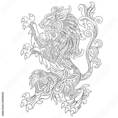 Fototapeta Naklejka Na Ścianę i Meble -  Zentangle stylized cartoon wild angry lion, isolated on white background. Sketch for adult antistress coloring page. Hand drawn doodle, zentangle, floral design elements for coloring book.