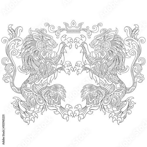 Fototapeta Naklejka Na Ścianę i Meble -  Zentangle stylized two cartoon lions with a crown (corona). Sketch for adult antistress coloring page. Hand drawn doodle, zentangle, floral design elements for coloring book.