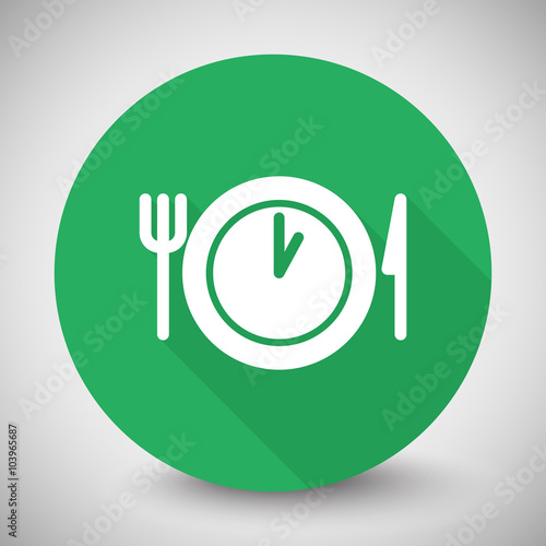 White Lunch Time icon with long shadow on green circle
