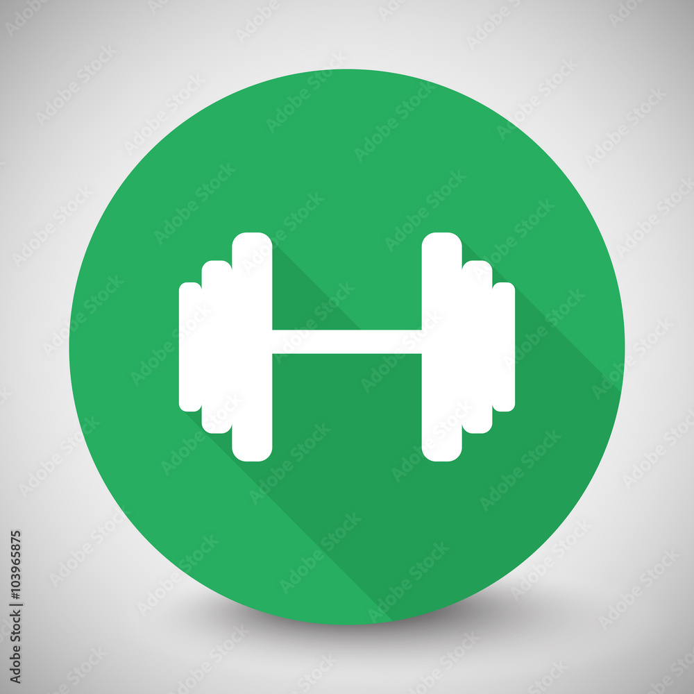 White Dumbbell icon with long shadow on green circle White Dumbbell icon with long shadow on green circle
