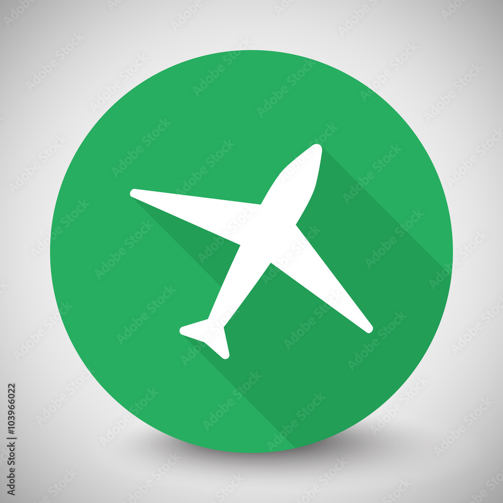White Airplane icon with long shadow on green circle White Airplane icon with long shadow on green circle
