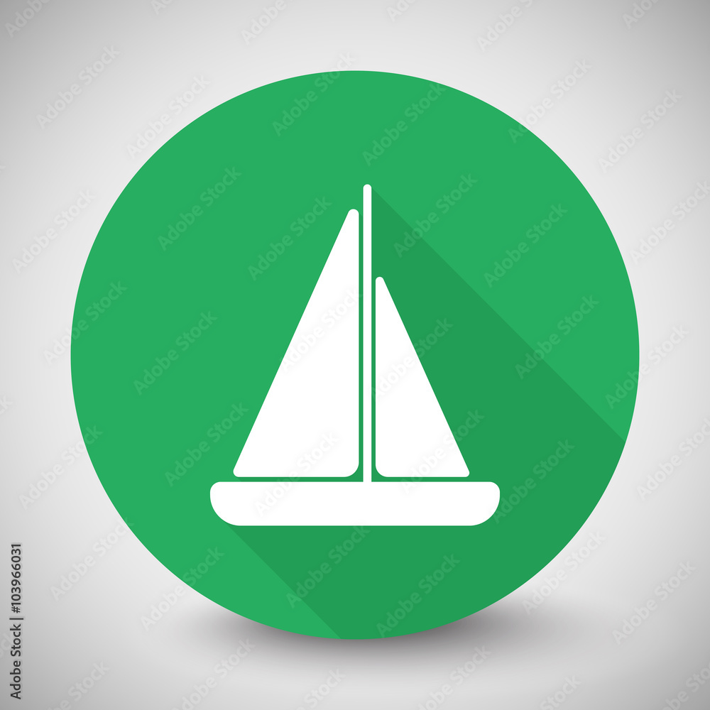 White Sailboat icon with long shadow on green circle White Sailboat icon with long shadow on green circle