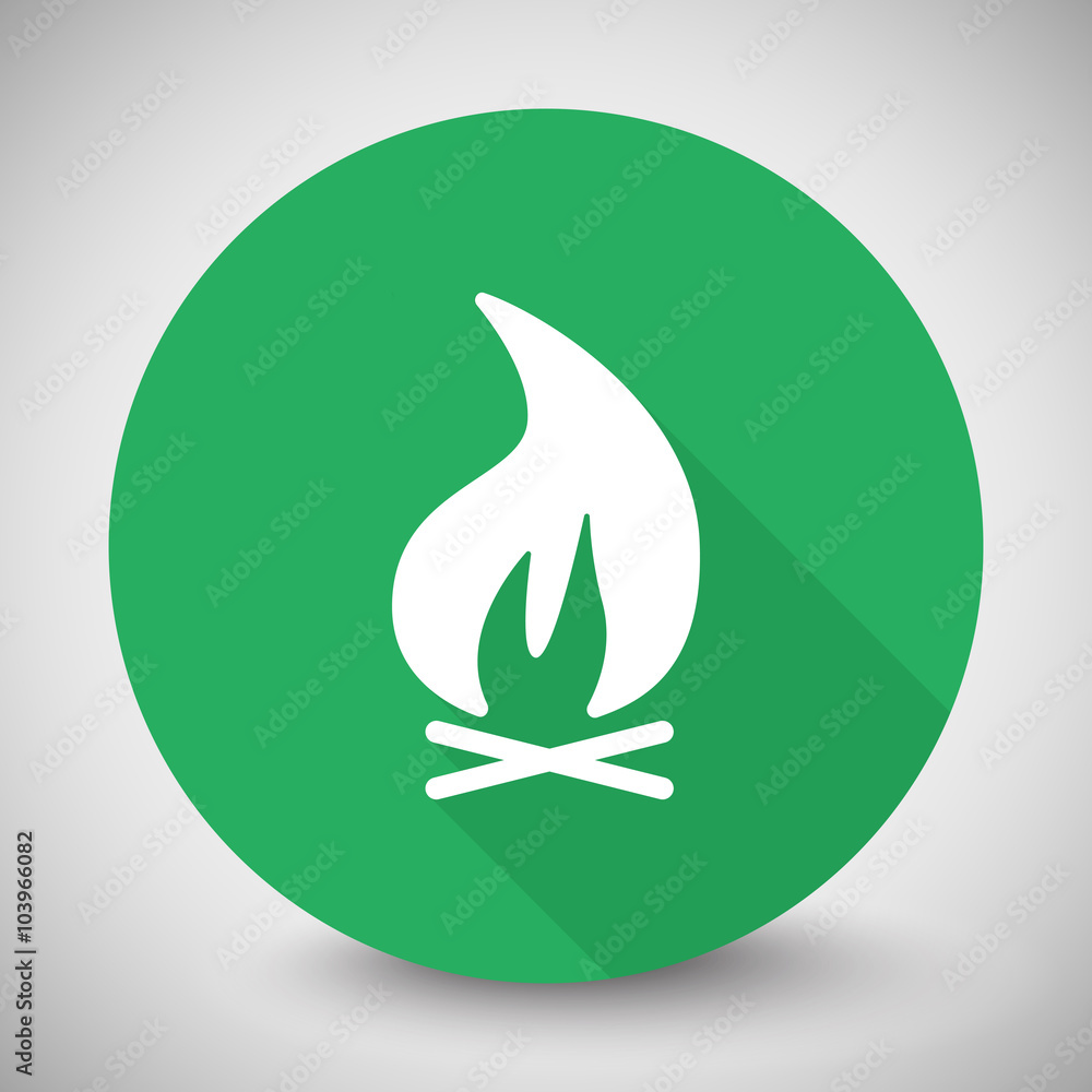 White Bonfire icon with long shadow on green circle