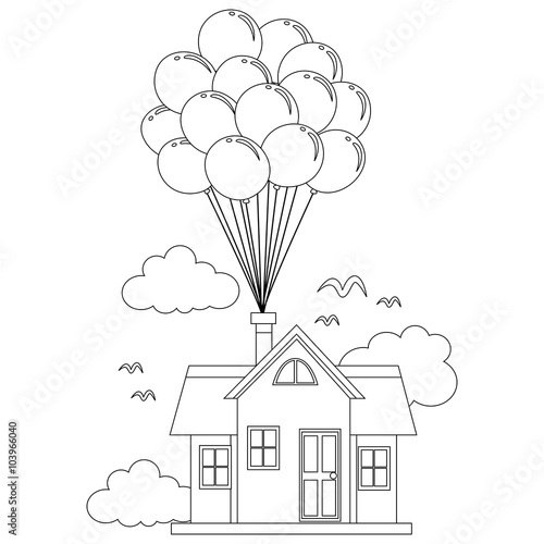 Coloring Book Outlined House with Balloon