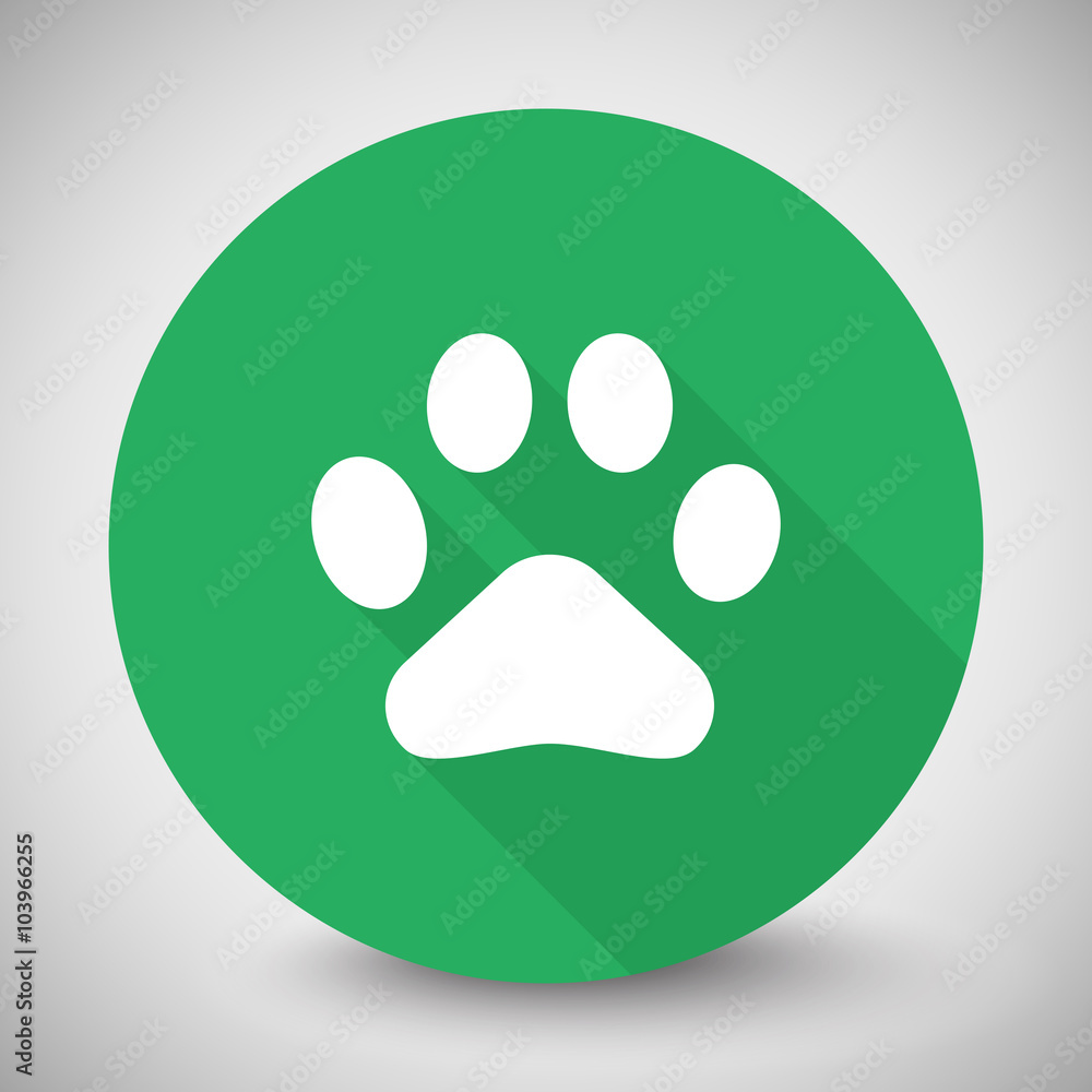 White Paw Print icon with long shadow on green circle White Paw Print icon with long shadow on green circle