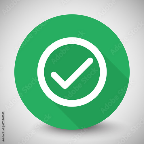 White Confirm icon with long shadow on green circle