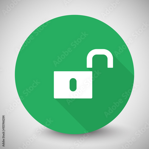 White Unlock icon with long shadow on green circle