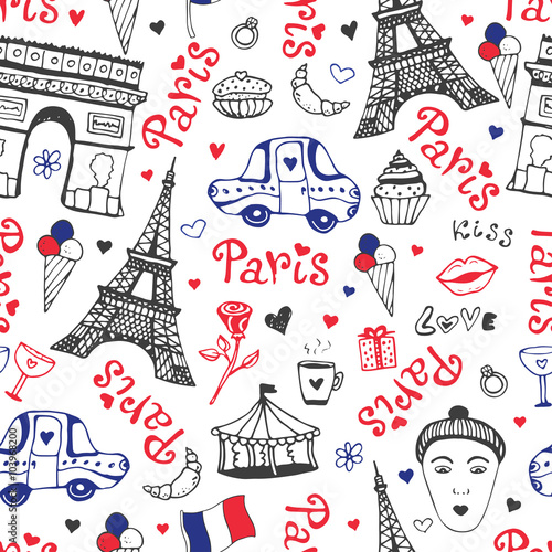 Paris seamless pattern with eiffel tower, triumphal arch and cute doodles. Vector background in national colors.