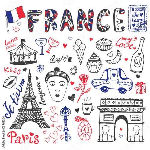 Hand drawn doodles set of France - Eiffel tower, Triumphal arch and other culture elements. Vector collection
