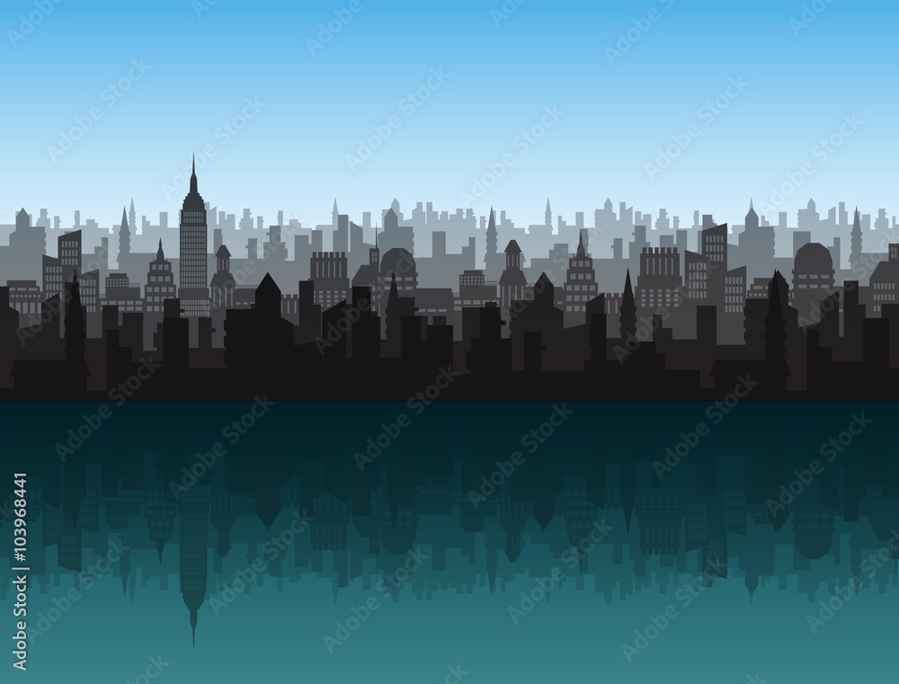 Fototapeta premium City scape with hight buildings and towers, and its reflection in water