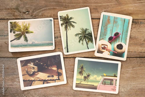 Summer photo album on wood table. instant photo of polaroid camera - vintage and retro style photo