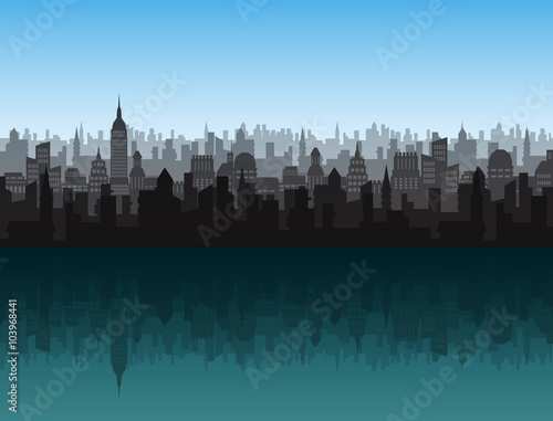 City scape with hight buildings and towers, and its reflection in water