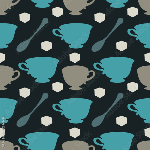 Seamless pattern with tea cups, spoon, sugar
