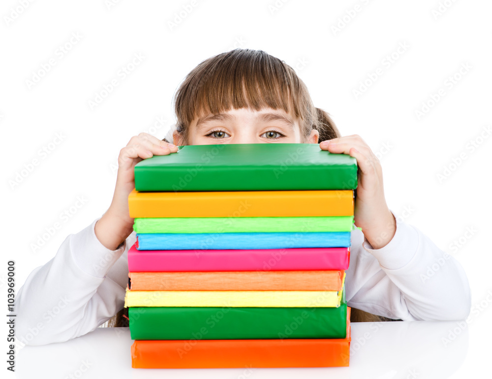 little happy girl with pile books. isolated on white background little happy girl with pile books. isolated on white background