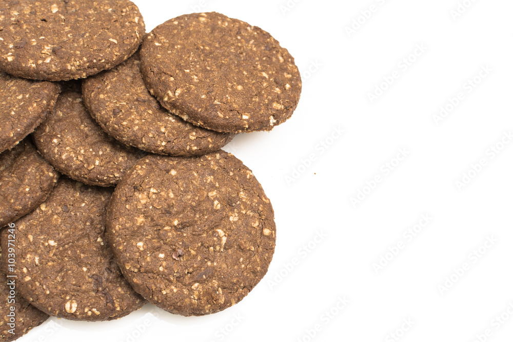 Cocoa biscuits with fiber, gluten-free on a white background