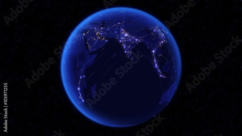 Global communications through the global network of connections. Concept of internet, social media, traveling or logistics. High resolution texture of city lights at night. 4k - Ultra HD.