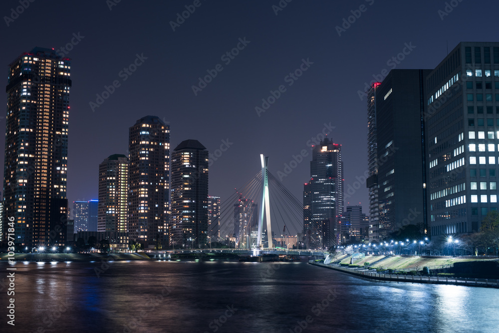 Fototapeta premium Nocny widok na rzekę Sumida