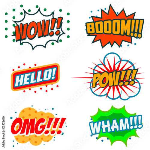 Set of comic style phrases. Boom, Wow, OMG.
