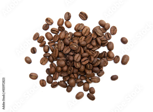 Top view of coffee beans isolated on white background