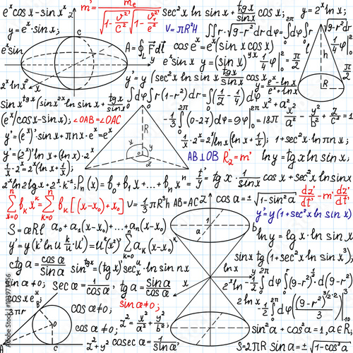 Beautiful mathematical vector seamless pattern with formulas, figures and task solutions, "handwritten on the copybook paper", different colors