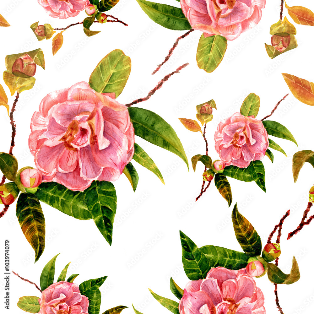 Vintage style seamless background pattern with hand drawn watercolour camellias