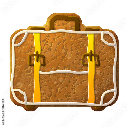 Gingerbread suitcase decorated colored icing. Holiday cookie in shape of travel bag. Qualitative vector illustration for travel, luggage, tourism, accessory, vacation, baggage, trip, etc