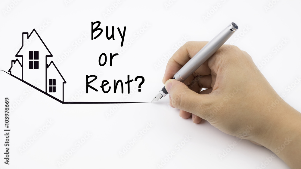 Buy or Rent? - Real Estate concept with female hand with text Buy or Rent? - Real Estate concept with female hand with text