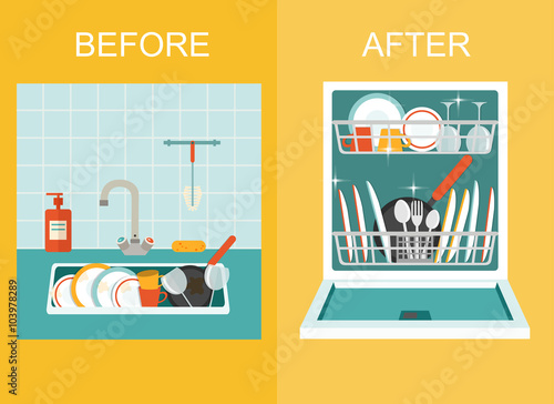 Dirty sink with kitchenware, utensil, dishes, dish detergent and a sponge.Open dishwasher with clean dishes. Flat style vector illustration.