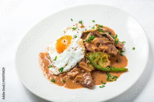 Veal with parsnip puree, asparagus, egg and miso mushroom sauce 