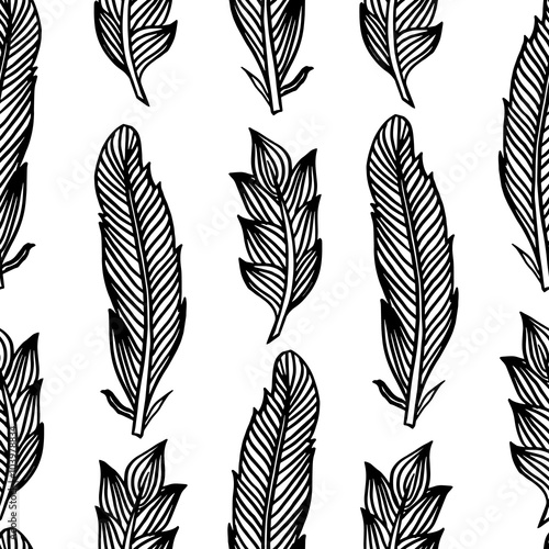 Black white seamless pattern with feathers. Boho Style Elements. Vector Drawing. 