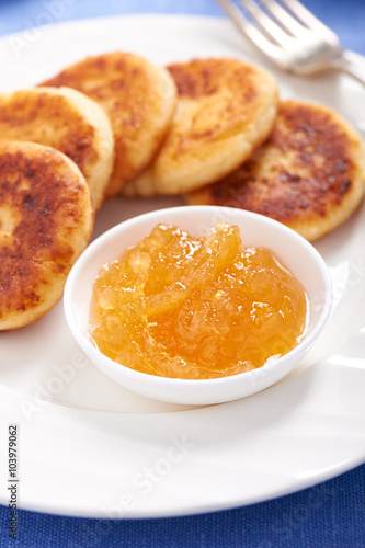 Cheese pancake on a plate with lemon jam