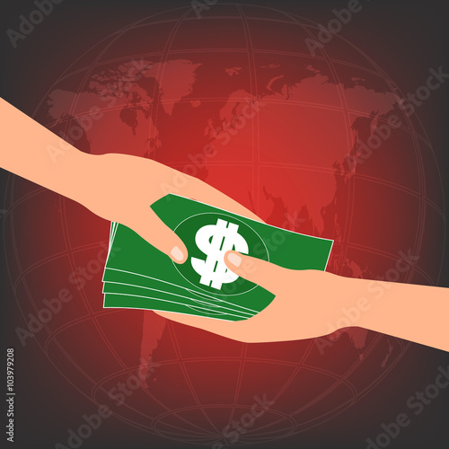 Hand give banknote money ake bribe from partner on red world map.