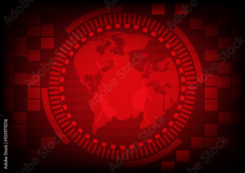 Red gear ring with malware bug a computer virus on world map.