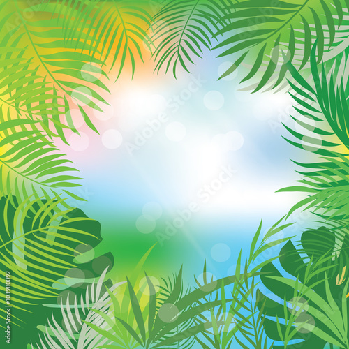 Vector tropical jungle background with palm trees and leaves.