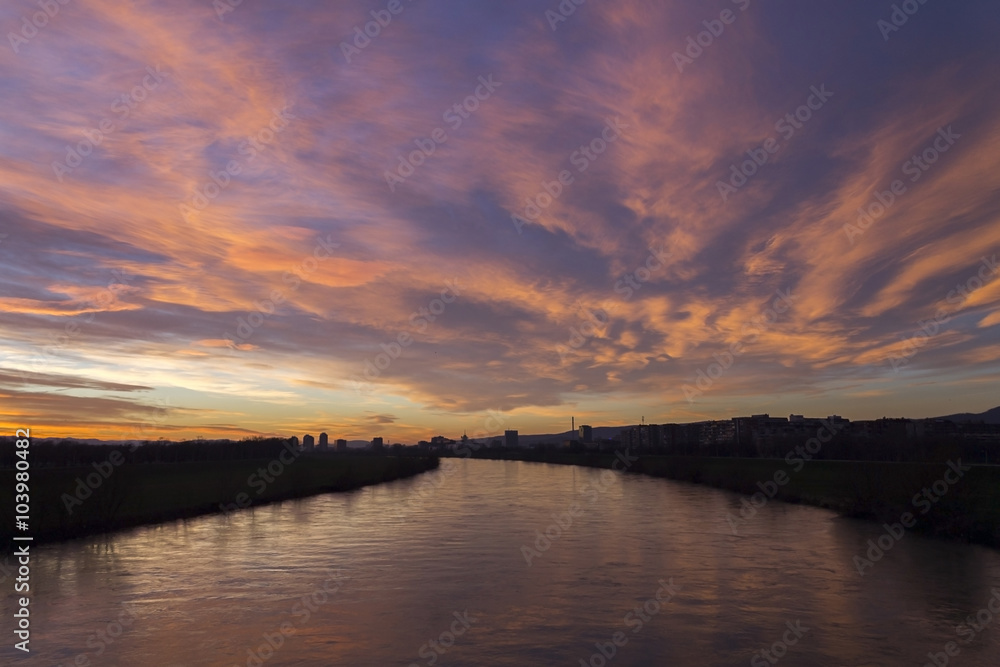 Sunset over river Sava in Zagreb