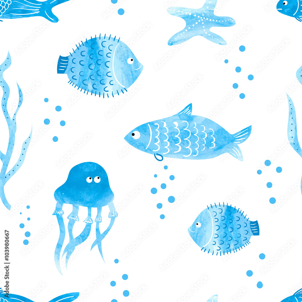 Obraz premium Watercolor fish seamless pattern. Underwater background. Hand drawn jellyfish and fish in blue isolated on white. 