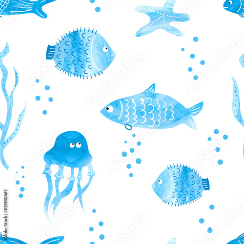 Watercolor fish seamless pattern. Underwater background. Hand drawn jellyfish and fish in blue isolated on white. 