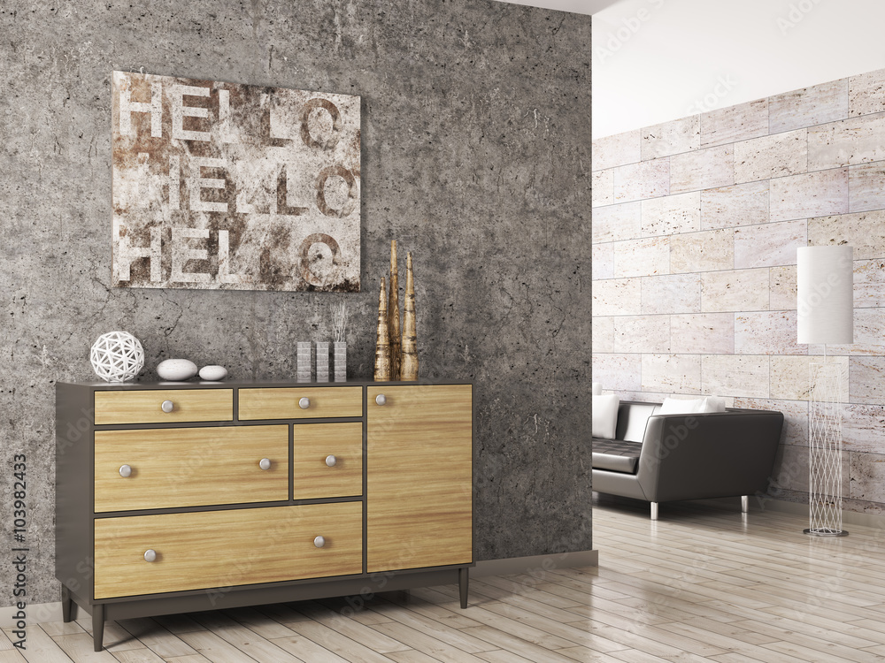 Wooden cabinet against of concrete wall 3d render Wooden cabinet against of concrete wall 3d render