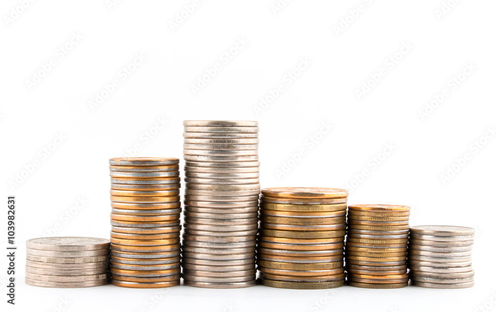 Columns of coins on white background Columns of coins on white background