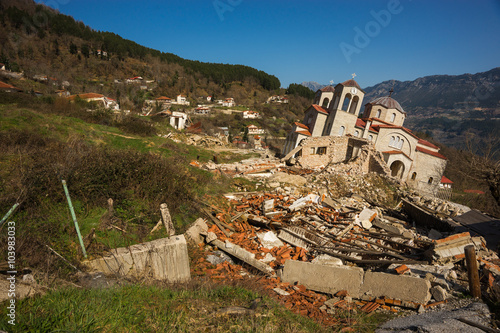 Sliding village Ropoto and church after a landslide in Greece