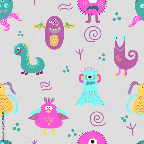 Cute monsters seamless pattern. Vector background with abstract funny creatures.