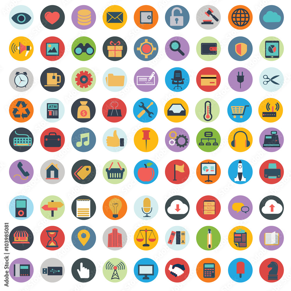 Flat icons design modern vector illustration big set of various financial service items, web and technology development, business management symbol, marketing items and office equipment on background. Flat icons design modern vector illustration big set of various financial service items, web and technology development, business management symbol, marketing items and office equipment on background.