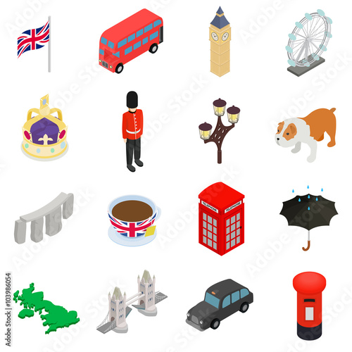 England icons set, isometric 3d style